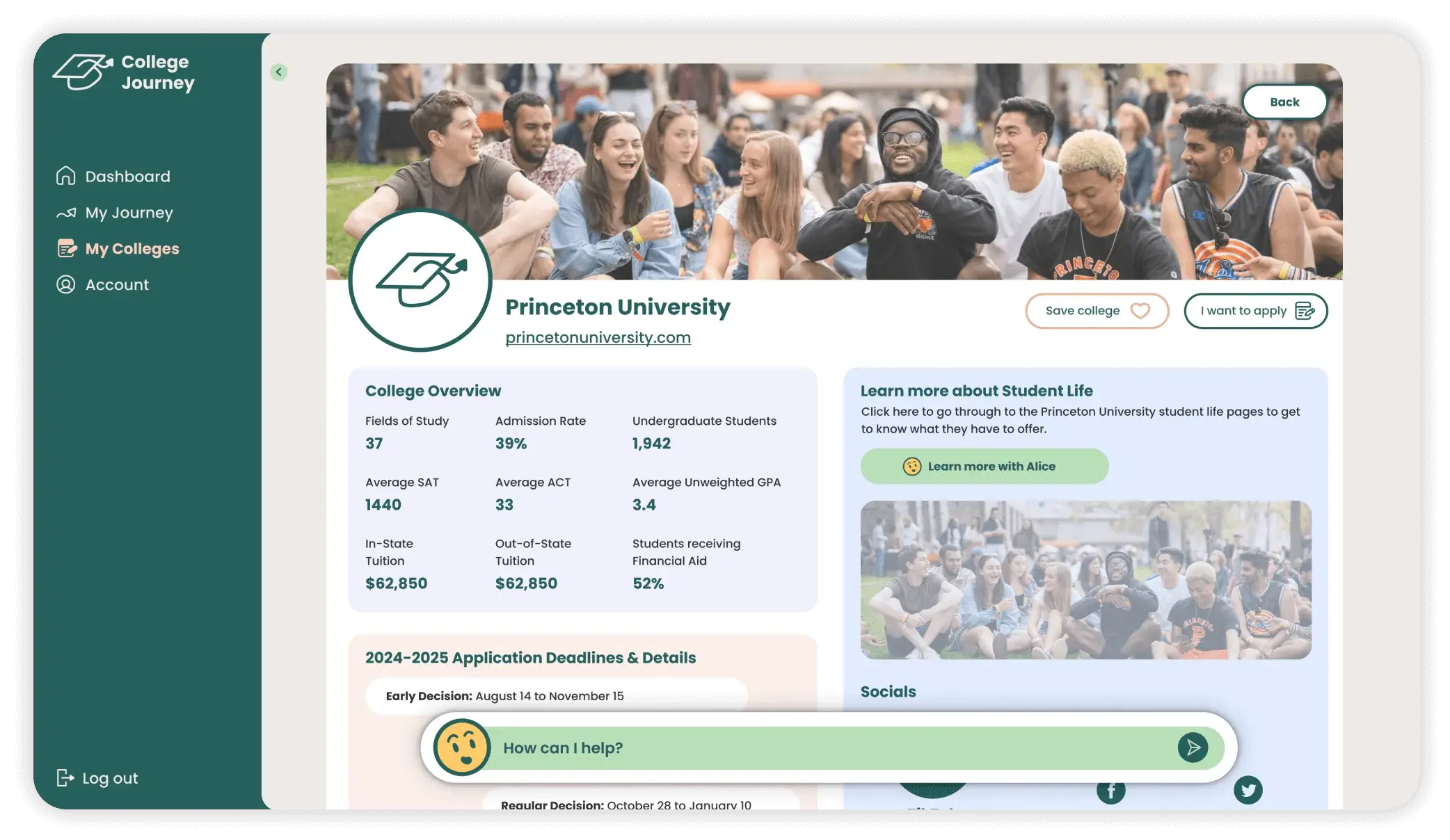 College search page screenshot